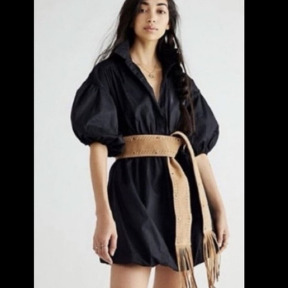 Free People Blaire Suede Fringe Wide Wrap Belt Studded Tie Waist Belt O/S Ochre